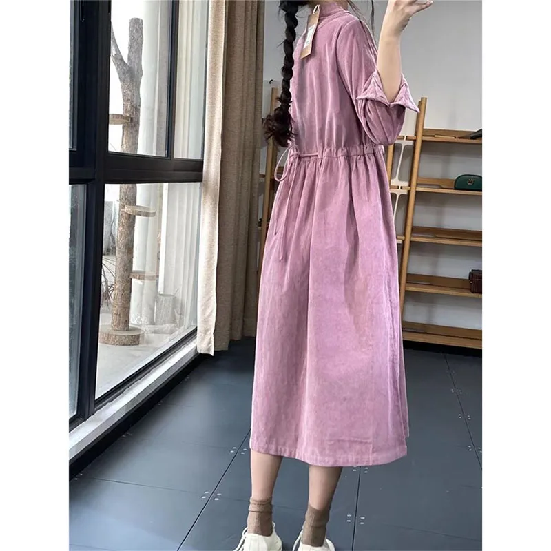 2024 Spring Autumn Fashion Corduroy Dress Long Sleeved Women Dress Vestidos Korean Loose Winter Bottoming Dress Dresses Female