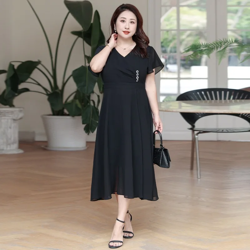 Elegante zwarte Jurk Vrouwen Lange Slanke Sexy V-hals Chiffon Plus Size 6XL 7XL 8XL Korte Mouw Kantoor Dame Vrouwelijke Koreaanse kleding