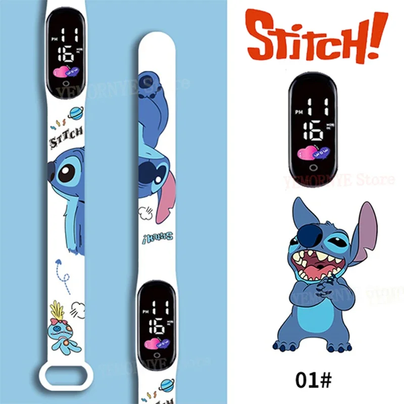 นาฬิกาดิจิทัลสำหรับเด็กลาย Disney Stitch นาฬิกาอะนิเมะ LED เรืองแสงนาฬิกากีฬาอิเล็กทรอนิกส์แบบสัมผัสกันน้ำเป็นของขวัญวันเกิดสำหรับเด็ก