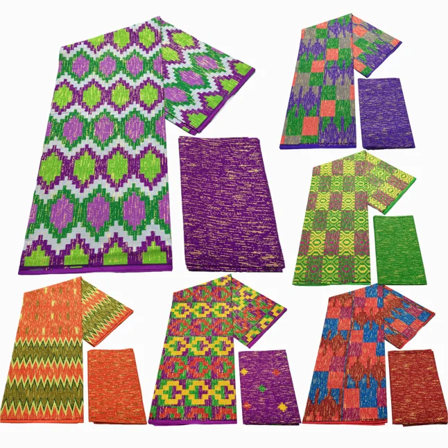 4+2 Yards African Wax Fabric 100% Cotton Real Ghana Style Ankara Gilding Kente Wax Fabric Soft Pagne For Women Dresses Sewing