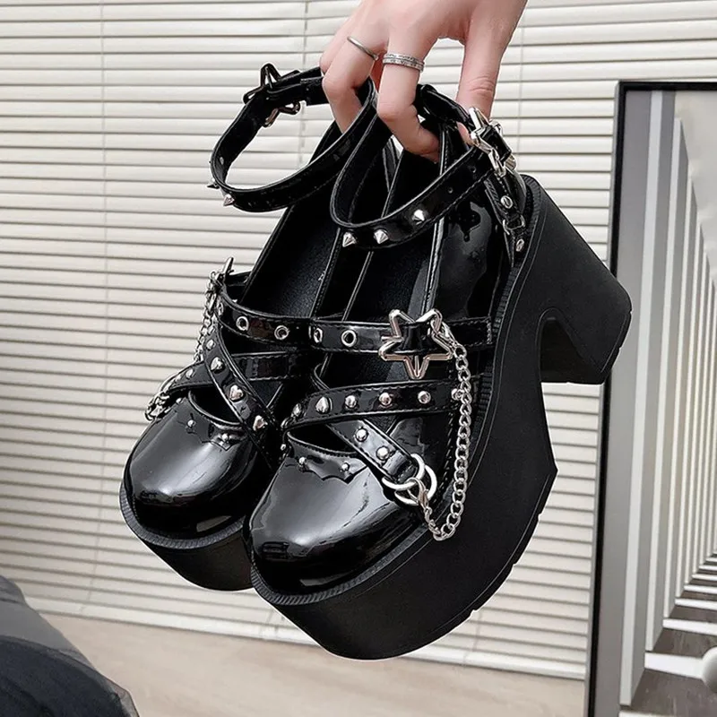 Mode Punk Stil Frauen Schuhe 9CM Dicken Boden Mary Jane Schuhe JK Uniform Erhöhung Pumpen Metall Design Dame Lolita high Heels