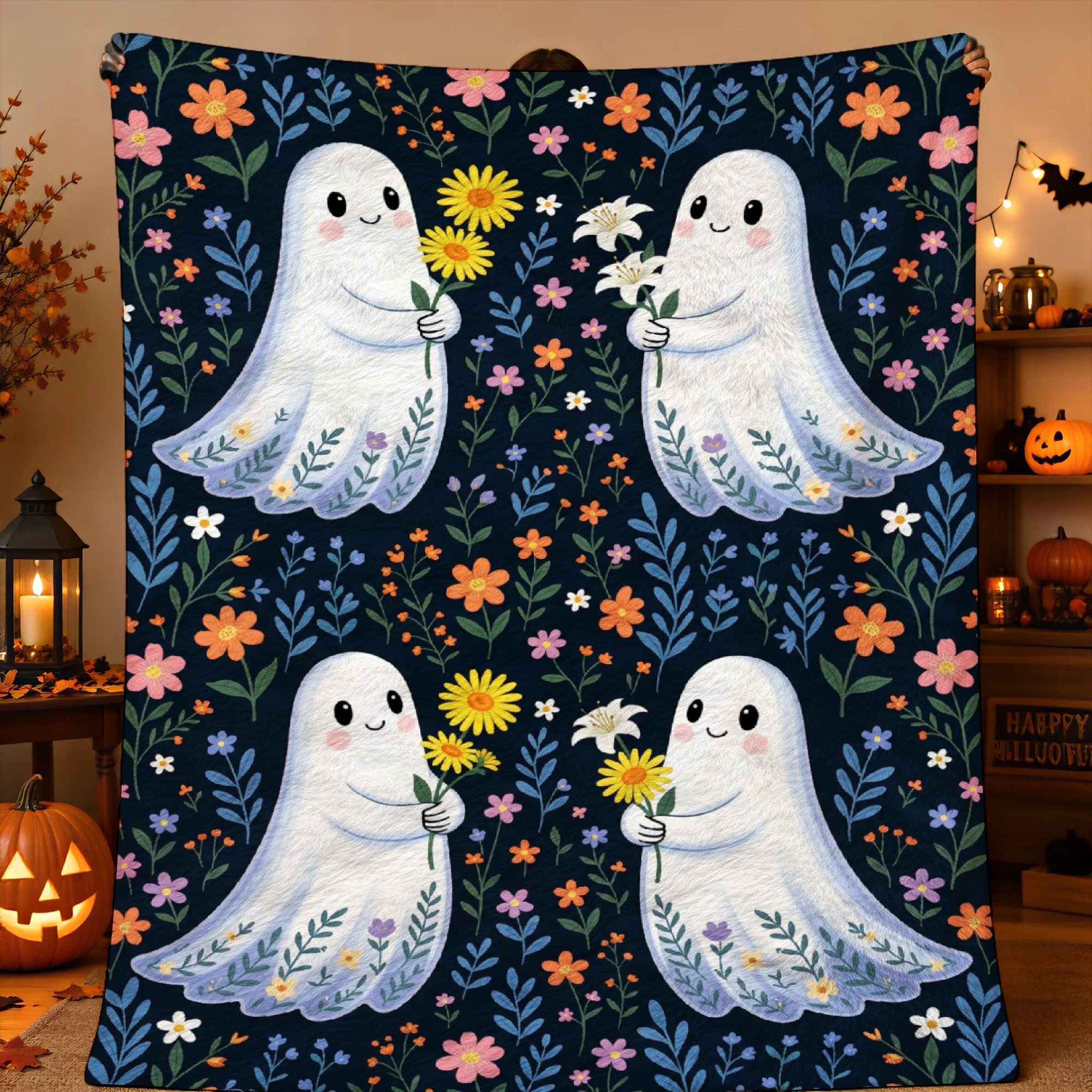 1pc 2D Printed Four Cute White Ghosts Holding Flowers Dark Blue Floral Background Halloween Throw Blanket Warm Soft Comfortable