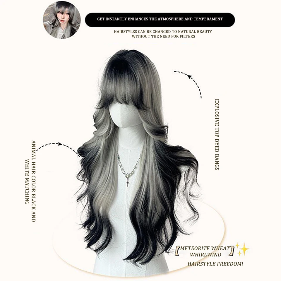 Synthetic Gradient Animal Hair Color For Cosplay Long Rolling Waves Layered Wigs with Bangs for Women Heat Resistant Fake Hair