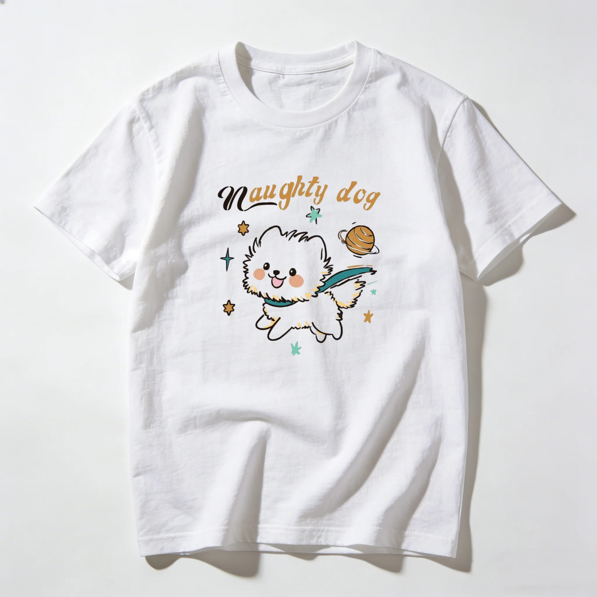Adult and Children's Space Travel Little Pomeranian Short-sleeve, Healing Style Pure Cotton T-shirt, Versatile Couple Top