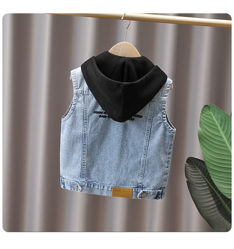 Baby Jungen Lässige Jeansweste mit Kapuze Neue Kinder Designer Modekleidung Outfit Kinder Ärmellose Jacke Hoodie Weste 2-9 Jahre – Detail 6