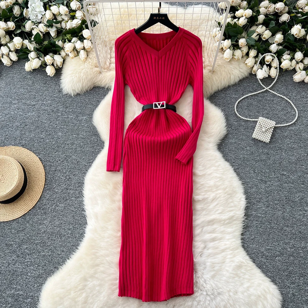 YuooMuoo Chic Mode Sexy Wrap Hüften Gestrickte Lange Kleid Frauen Elegante Rippen Herbst Pullover Kleid mit Gürtel Büro Dame Vestido