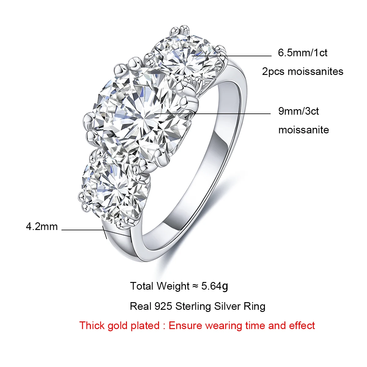 AnuJewel  5cttw D Color Moissanite Luxury Three Stone Engagement Ring 925 Silver Rings 18K Gold Plated Customs Jewelry Wholesale