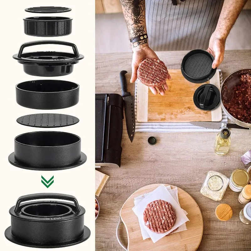 Burger Press Hamburger Patty Maker Slider Press Stuffed Regular Patties Cookery Mold 3 in 1 Non Stick Kitchen Barbecue Tool