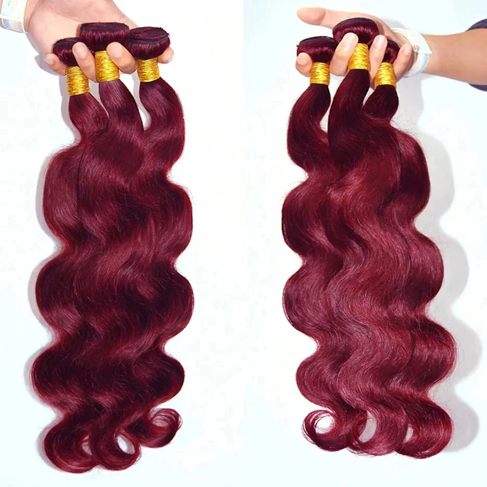 99J Body Wave Bundles 100% Human Hair Burgundy Colored Brazilian Remy Hair Extensions Weave 1/3/4 PCS Raw Human Hair Bundles