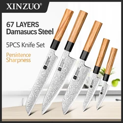 XINZUO 5PCS Kitchen Knives Tools Sets Damascus Steel Chef Santoku Bread Utility Paring Knife Ergonomic Handle Cooking Tools