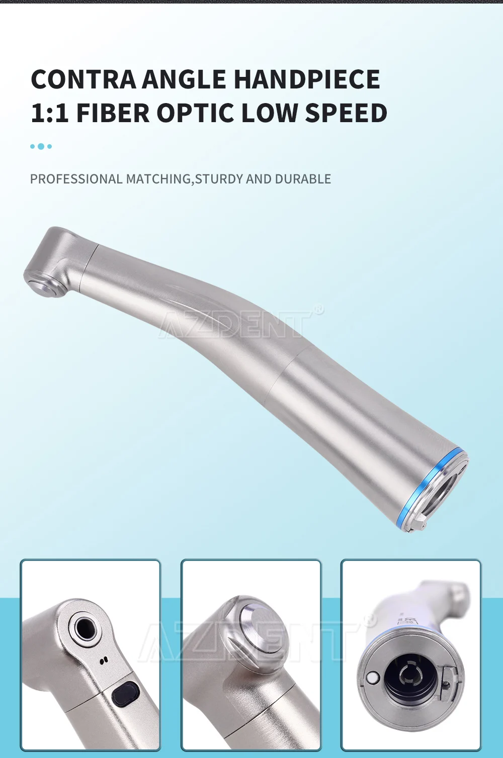 AZDENT Dental 1:1 LED-Glasfaser-Handstück, internes Wasserspray-Winkelstück, Druckknopfffutter, blauer Ring, Handstück mit niedriger Geschwindigkeit – Detail 4