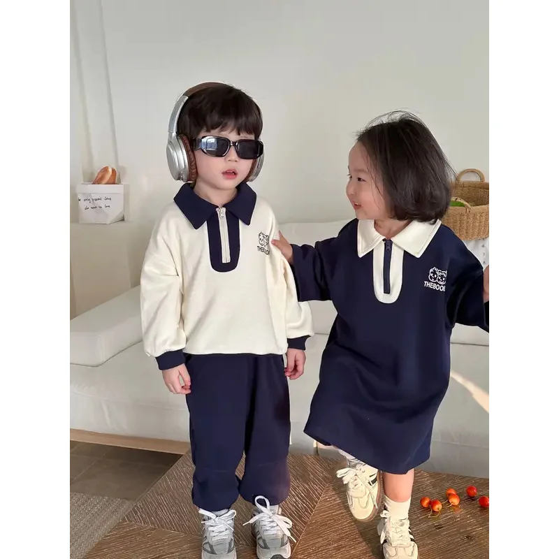 2024 Lente Broer Zus Outfits Jongen Kinderen Lange Mouwen Revers Sweatshirt Pak Losse Meisje Baby Katoenen Jurk Kinderen Trainingspak