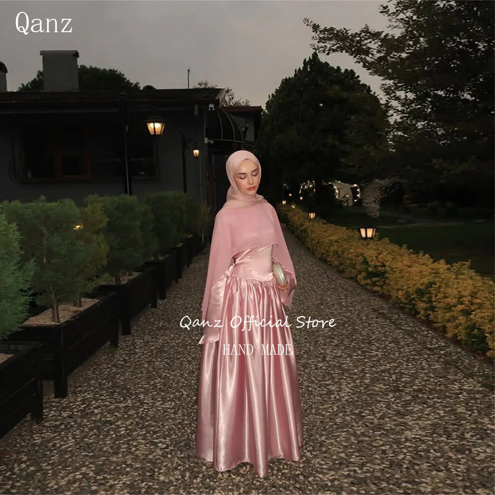 

Qanz Modest Pink Evening Dresses Women Cape Full Sleeves Prom Dress Muslim Dubai Satin Long A Line Robe De Soirée Customized