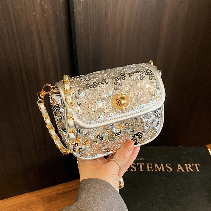 Sparkling Sequin Princess Small Square Bag for Girls Korean Chain Children's Crossbody Bags Women's Party Mini Lipstick Pouch