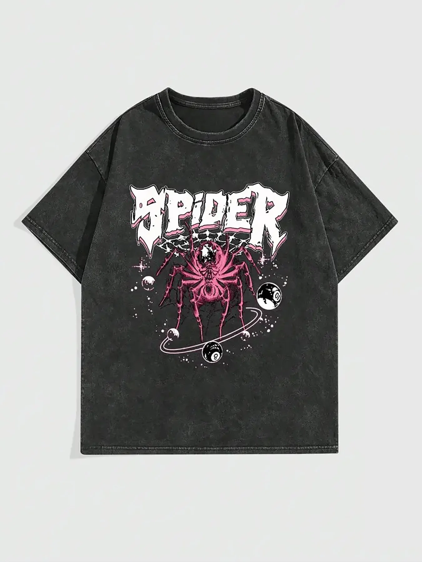 Men's Oversized Vintage Black Spider Graphic T-Shirt - Acid-Washed Round-Neck Short-Sleeve T-Shirt with Pink and White Punk Goth Birdier Print, Breathable Streetwear, Suitable for Music Festivals, Skateboarding Style, and Year-Round Wear