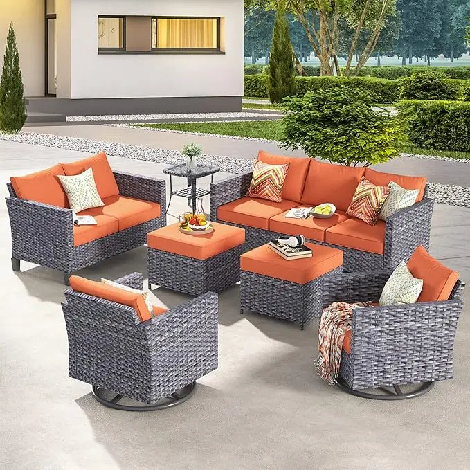 7 Piece Outdoor Wicker Sofa with Swivel Rocking Chairs, Loveseat and Comfy Cushions, High Back Rattan Couch Conversation Set
