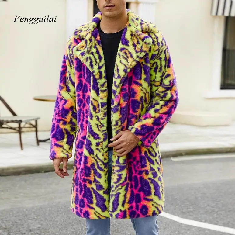 

Мужская шуба из искусственного меха в европейском и американском стиле, теплая плюшевая куртка для осени и зимы, контрастная куртка с леопардовым принтом