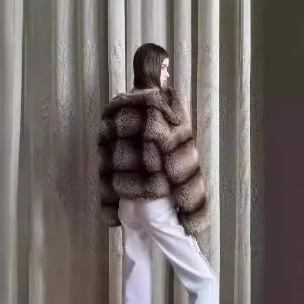 KIDCRKJ Women Winter Artificial Fur Outwear Round Neck Plaid Short Lady Mink Fur Jacket Versatile Chic Female Faux Fox Fur Coat