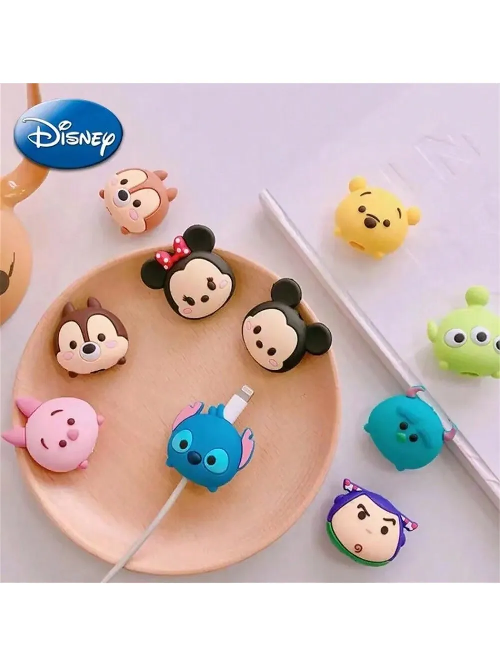 Disney Stitch Mickey Usb línea de datos cubierta de protección de cabeza lindo dibujos animados cargador de teléfono funda protectora de Cable accesorios DIY regalos