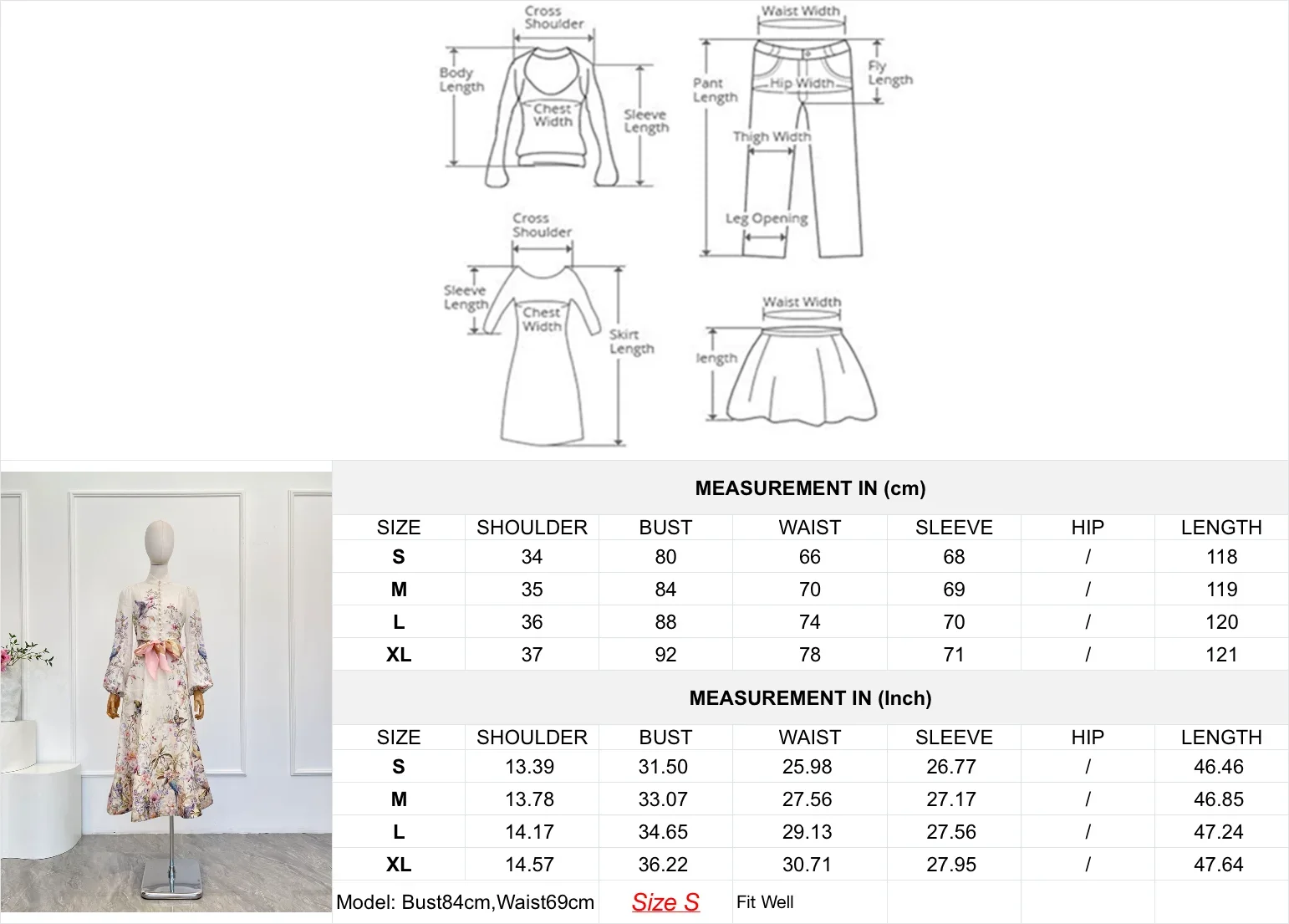 فستان ميدي بأكمام طويلة وطبعة طيور بيضاء لعام 2025 جديد