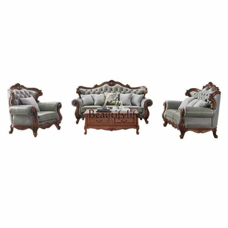 

European leather sofa American solid wood carving flower first layer cowhide size apartment