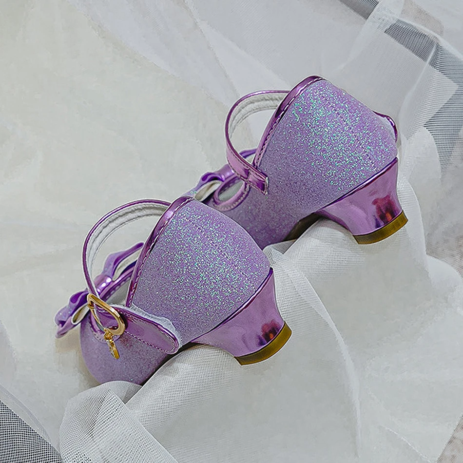 Children Classic Bow High Heel Glitter Crystal Sandals Girls Fashion Sequin Princess Dance Shoe Kids Performance Leather Shoes