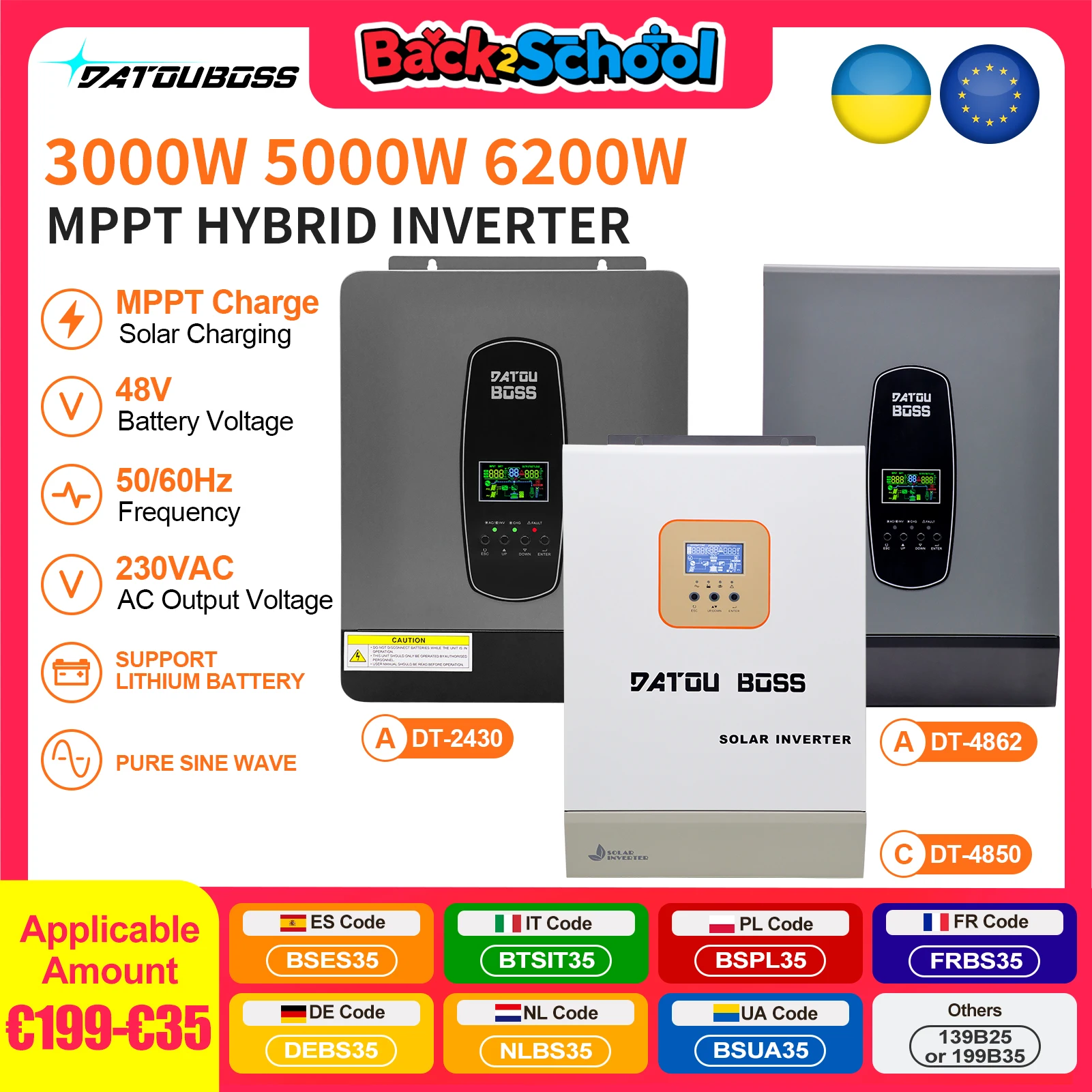 

DATOUBOSS Solar Hybrid Inverter 3KW 5KW 6.5KW 24V 48V to 230VAC with MPPT Pure Sine Wave Inverter for Off-grid Home Use