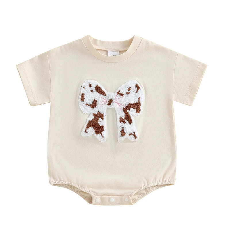 

Baby Girls Rompers Bow Embroidery Round Neck Short Sleeve Infant Bodysuits Jumpsuits