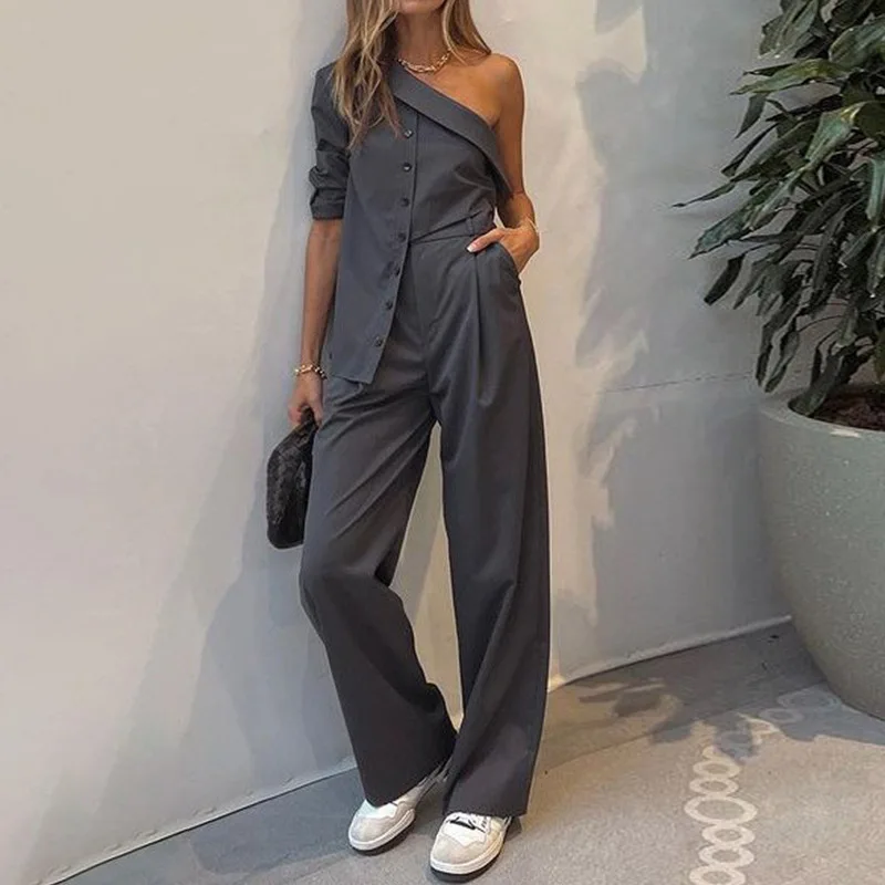 Women Two Piece Sets Pants Set One Shoulder Full Sleeve Shirt Tops Casual Matching Sets Wide Leg Long Pants High Waist Slim