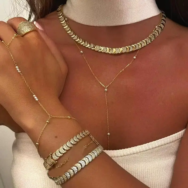 

2025 New fashion Gold Plated Bracelet Necklace Sets Bling Bling Slippy Moon Link Moon Paved Mini Small CZ Party Women Jewelry