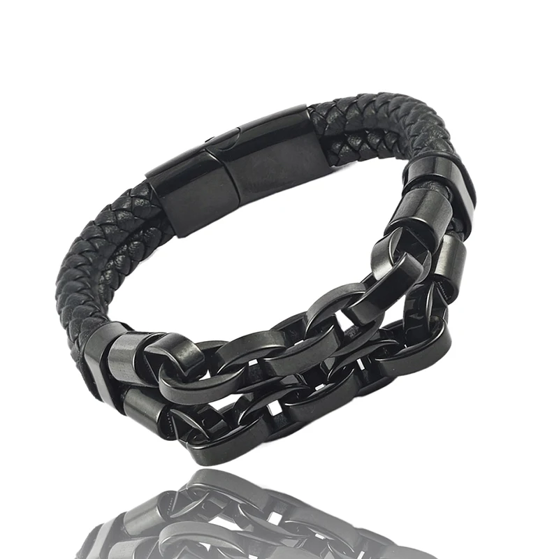 Herren Lederarmband im Kubaketten-Stil, Edelstahl Geflochtenes Armband mit Magnetverschluss, Punk-Accessoire, Schmuckgeschenk