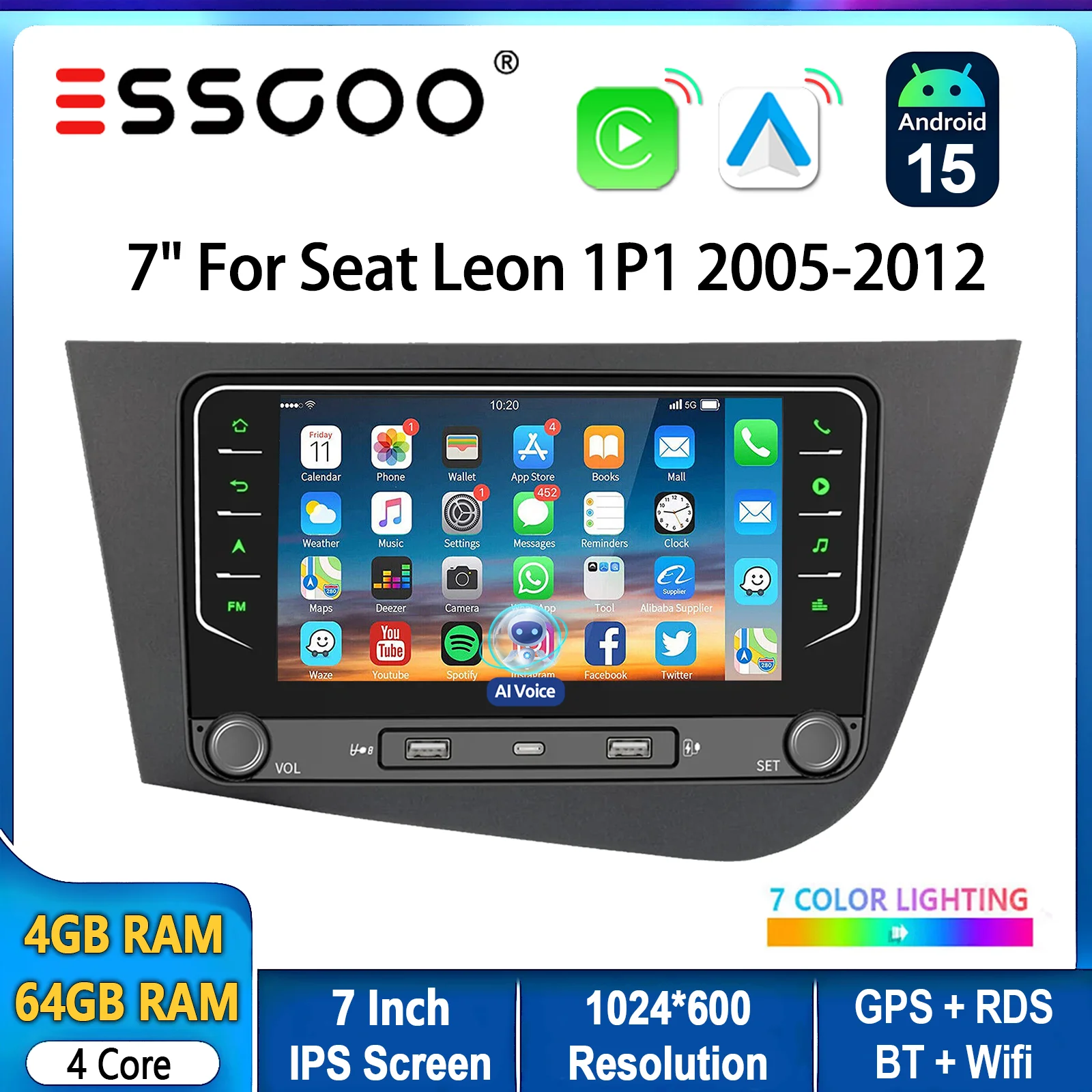 ESSGOO 7 Zoll Autoradio für Seat Leon 1P1 2005-2012, 64G, kabelloses Carplay, Android 15, GPS-Navigation, WLAN, Bluetooth, FM, RDS, SWC, Mirror Link