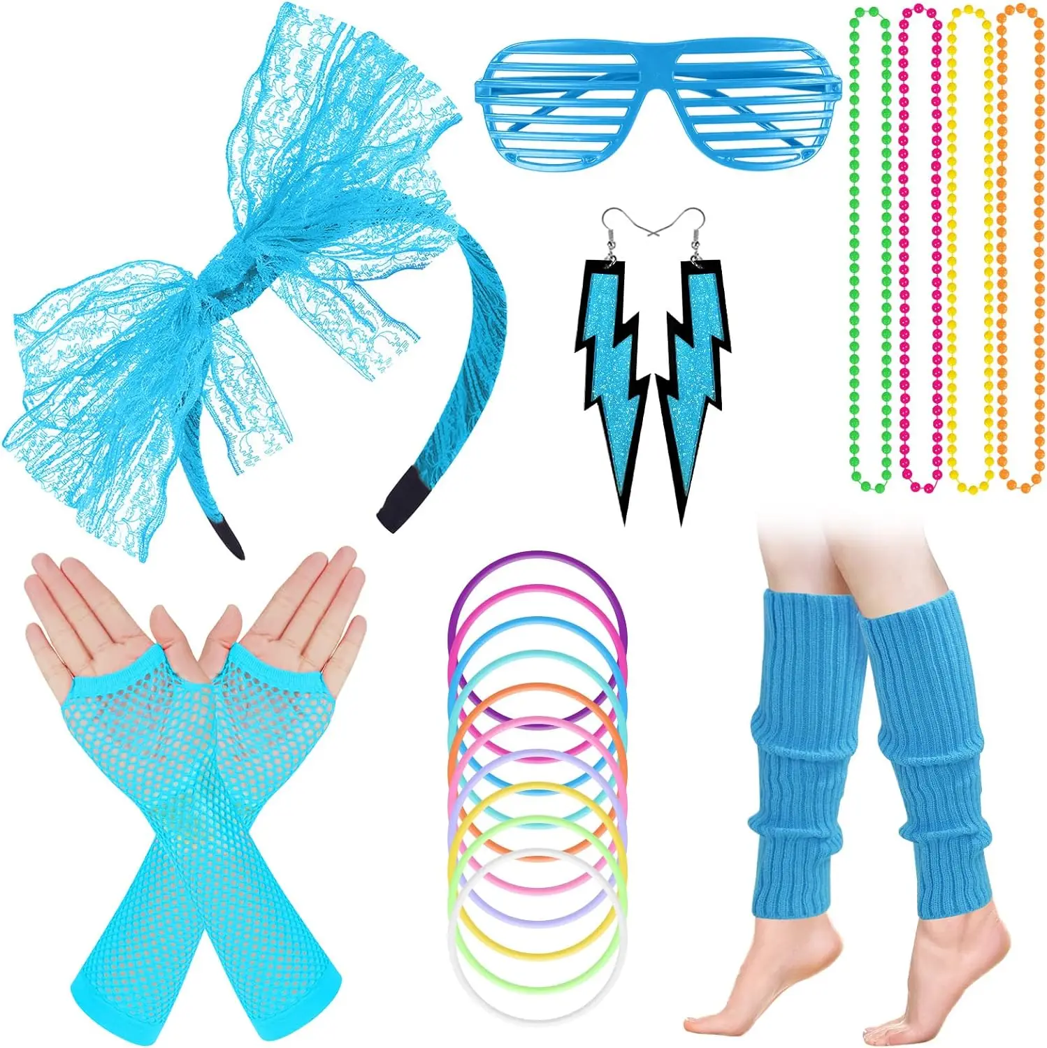 PESENAR 80s Women\'s Costume Outfit Accessories Set 80s Fancy Dress Neon Headband Earrings Fishnet Gloves Necklace for 80s Party