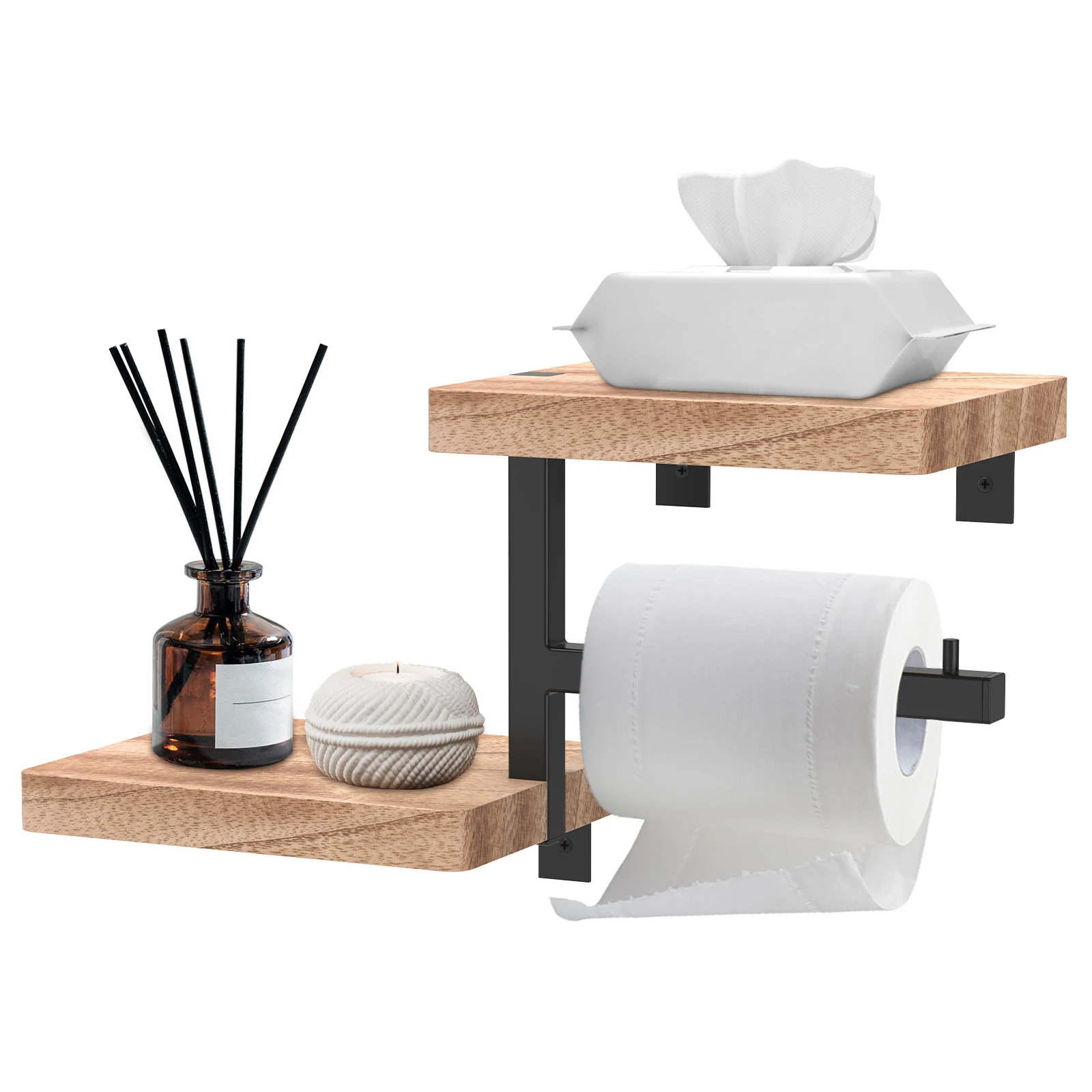 

Toilet Paper Holder with Wooden Shelf Wall Mounted Tissue Roll Dispenser Hanger Decorative Bathroom Bar Kitchen Accessories