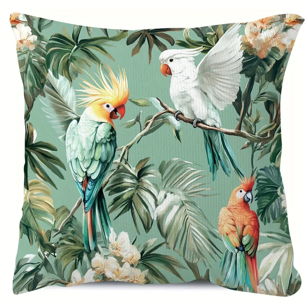 1Pc Tropical Parrot Cushion Cover Green Floral Print Pillowcase For Sofa Bed Home Decor Soft Breathable Square Throw Case