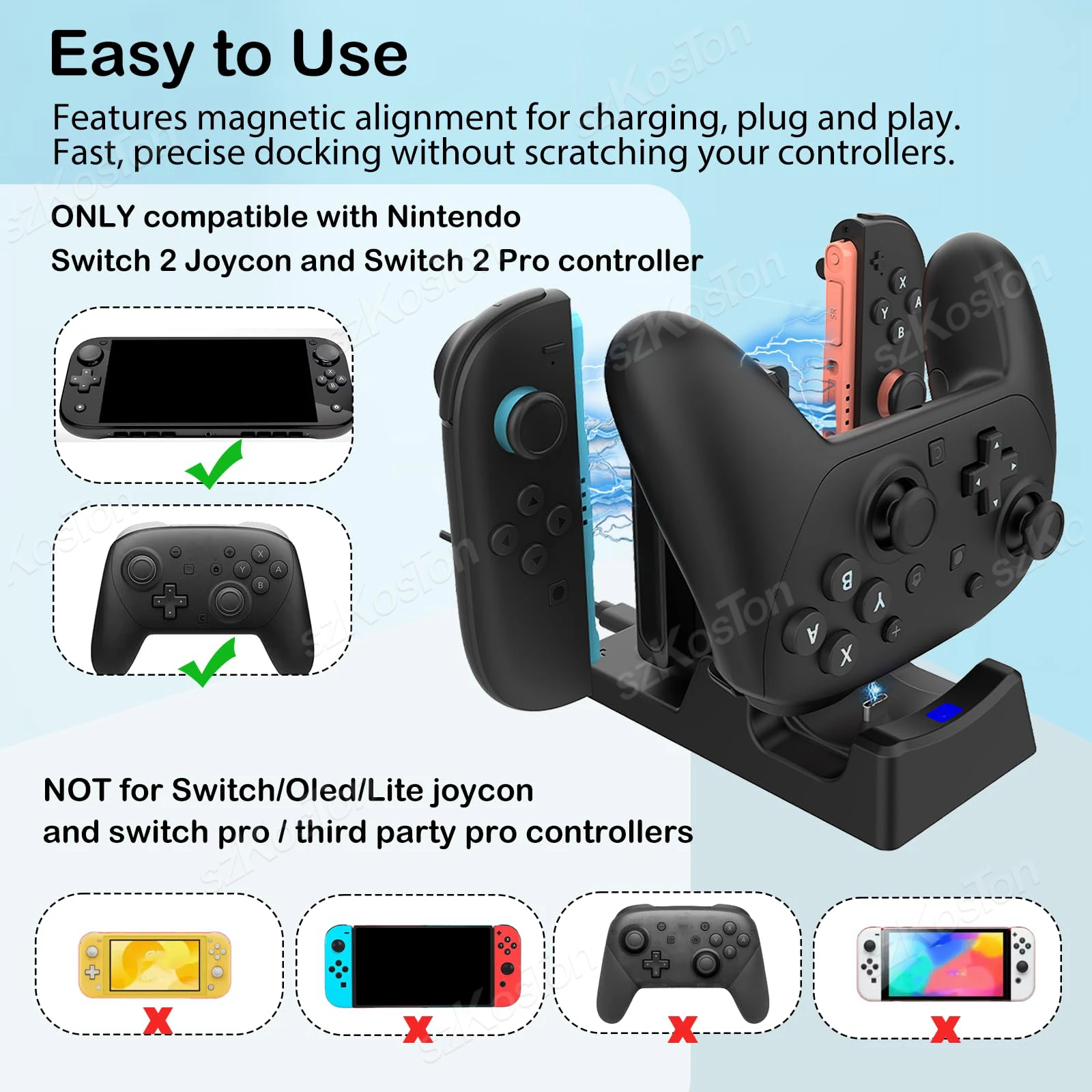 قاعدة شحن 3 في 1 لوحدة تحكم Switch 2 Pro JoyCon لـ Switch2 Joy-con 2 مع مؤشر LED وكابل الشاحن
