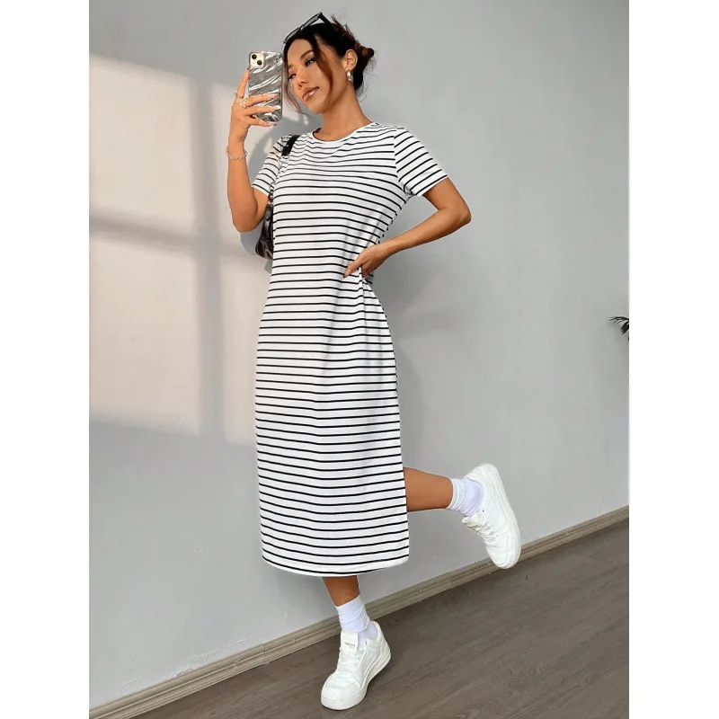 Comfortable Loose Striped Short Sleeve Sleep Dress Home Clothes 2025 New Style Knitted Fabric Digital Printing Long Dress