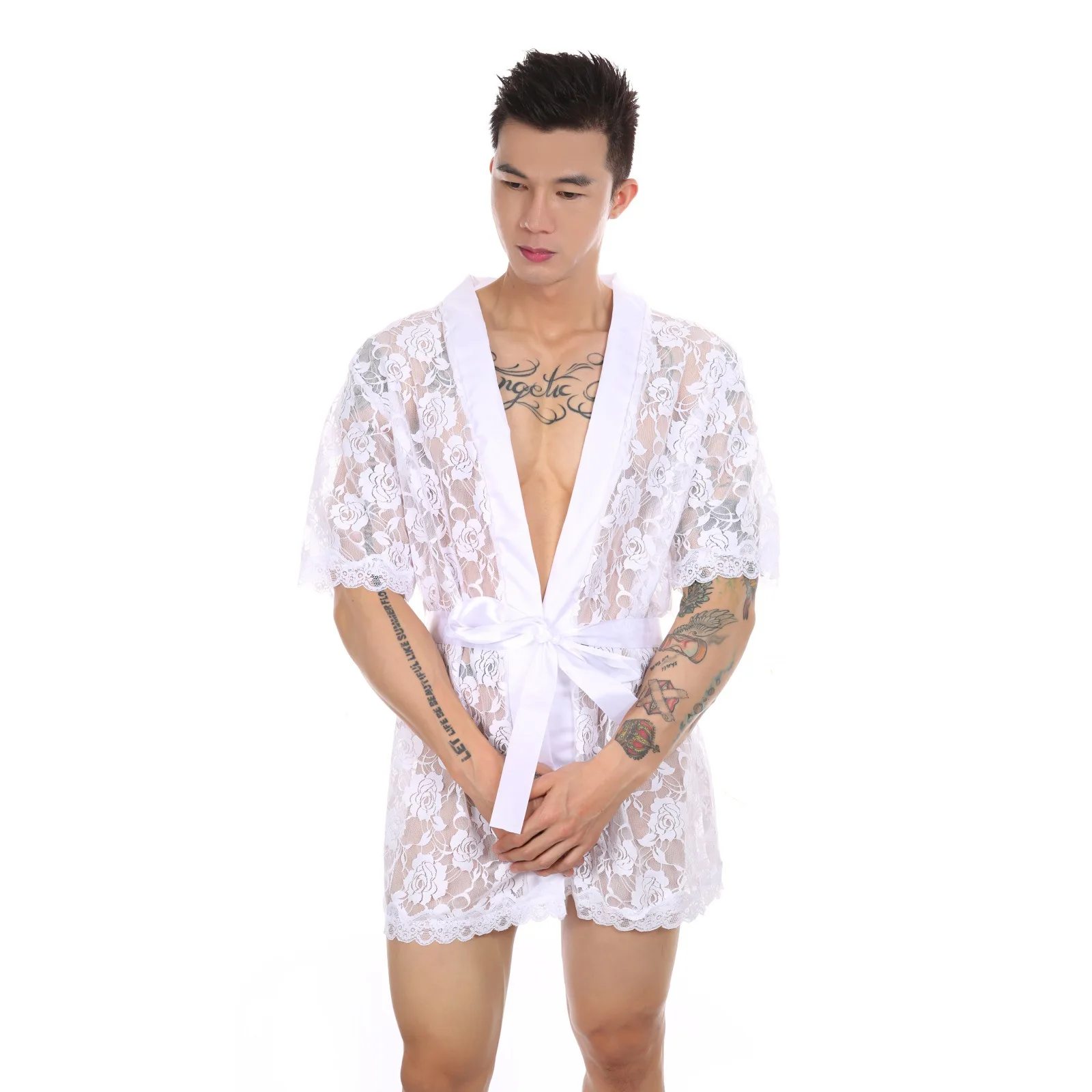 2pcs Men Robe Lace Bathrobe Nightwear See Through Underwear Pajamas Lingerie Short Sleeve Sexy Bathrobes With Belt Gay Sleepwear