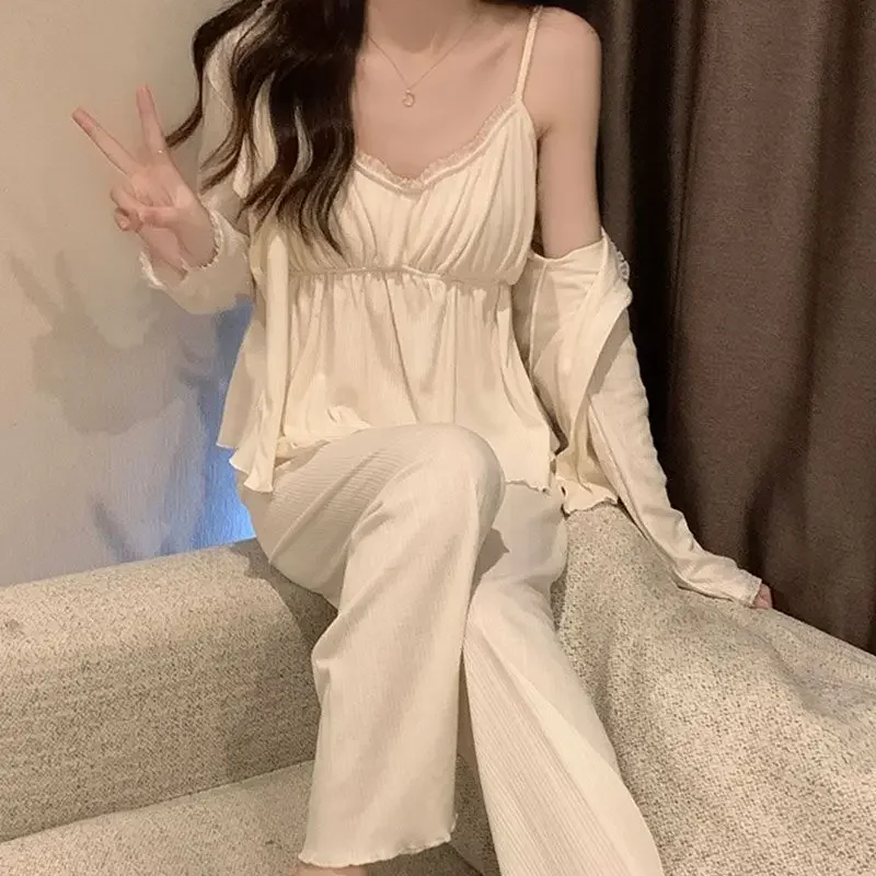 Lace Women Pajamas Set Autumn Sleepwear Long Sleeve Pants Suit Button Sets for Women 3 Pieces Ruffles Piiama Button Night Wears