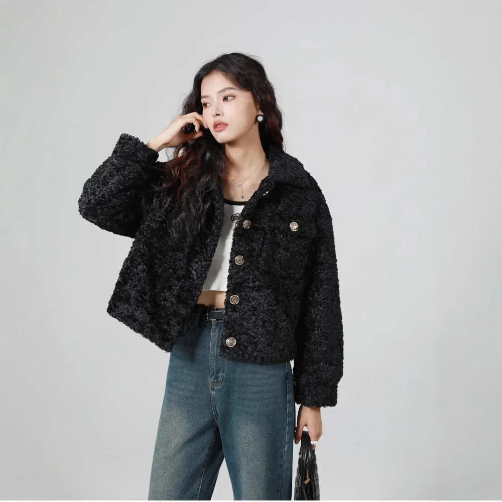 Autumn and winter imitation fur lamb wool jacket women's new small fragrant style lamb wool crew neck wool top tide