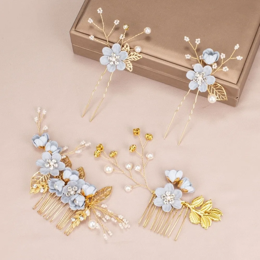 4pcs Tiaras Artificial Flower Bridal Hair Combs Pearl Comb Handmade Wedding Hair Decorative Sweet Headdress Bridal Wedding image 5