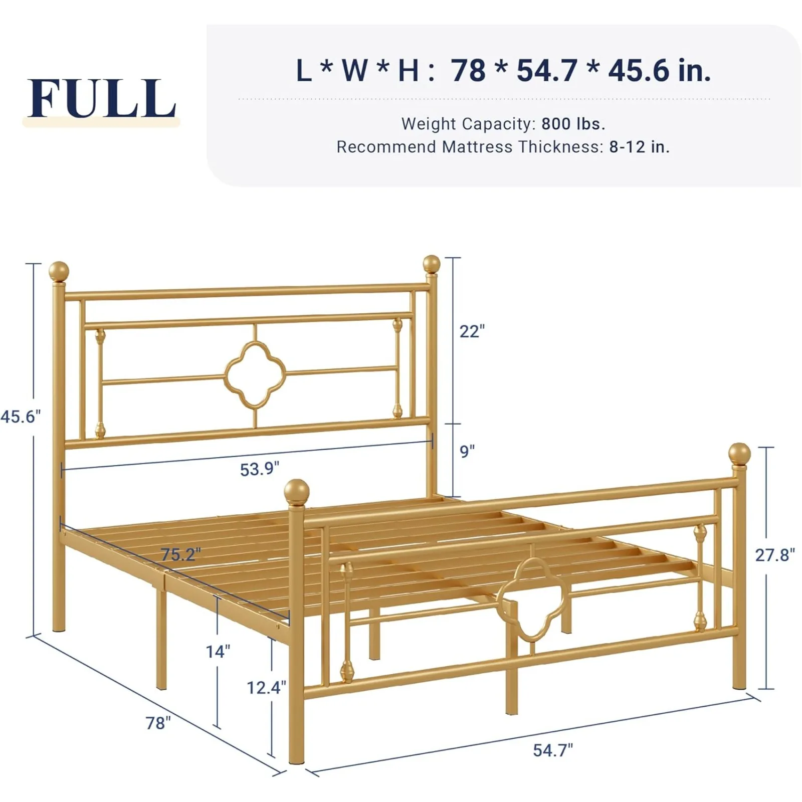 US Full Size Metal Platform Bed Frame with Victorian Vintage Headboard and Footboard/Mattress Foundation/Under Bed Storage/No