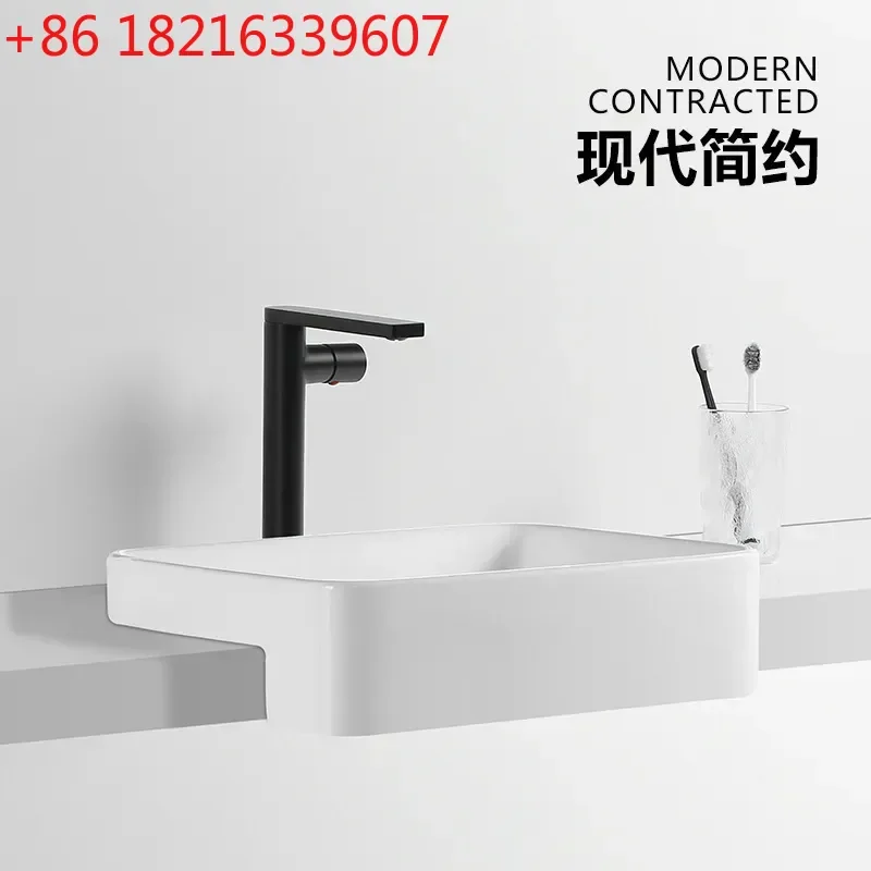 YAO Square Ceramic Semi Embedded Countertop Basin Narrow Semi Hanging Washbasin for Bathroom Sink Modern White Wash Hand Basin