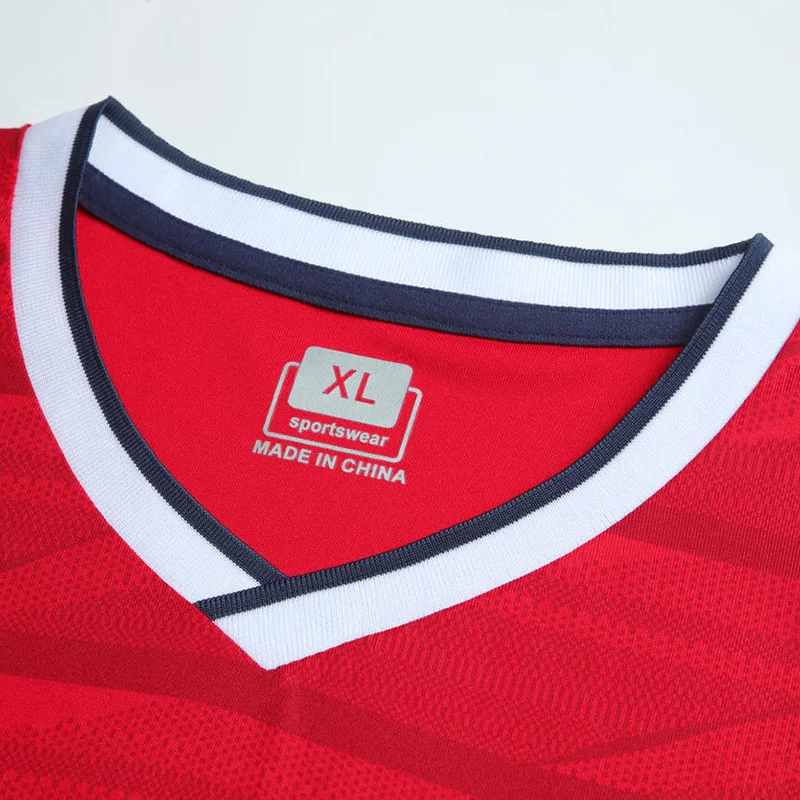 Sublimation Soccer Jersey para adultos e crianças, tingido de vermelho, Interlock, Rib Collar, Training Match, abreviação para equipes de clubes