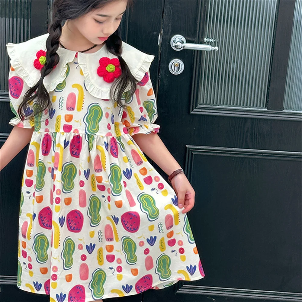 

803 Fashion Princess Dress Summer Dress Floral Skirt Sweet Beauty Children's Dress Lotus Collar Flower Print Dress