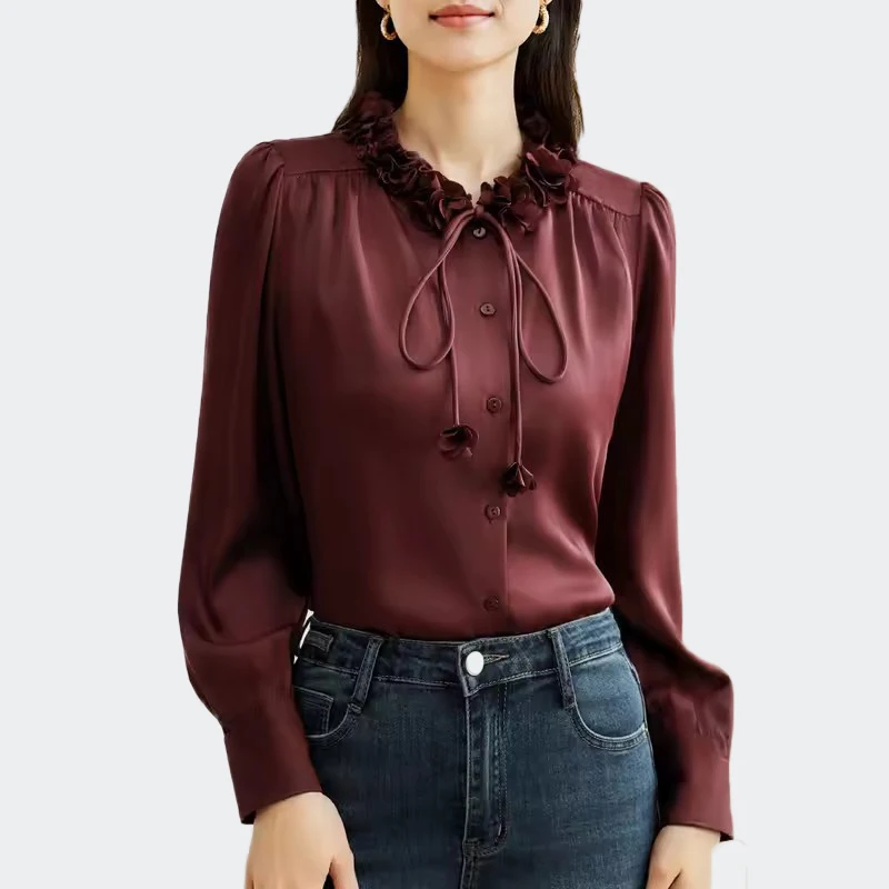 

Атласная блузка винно-красного цвета с воротником-бабочкой и оборками Элегантная рубашка с длинными рукавами для деловой и повседневной одежды