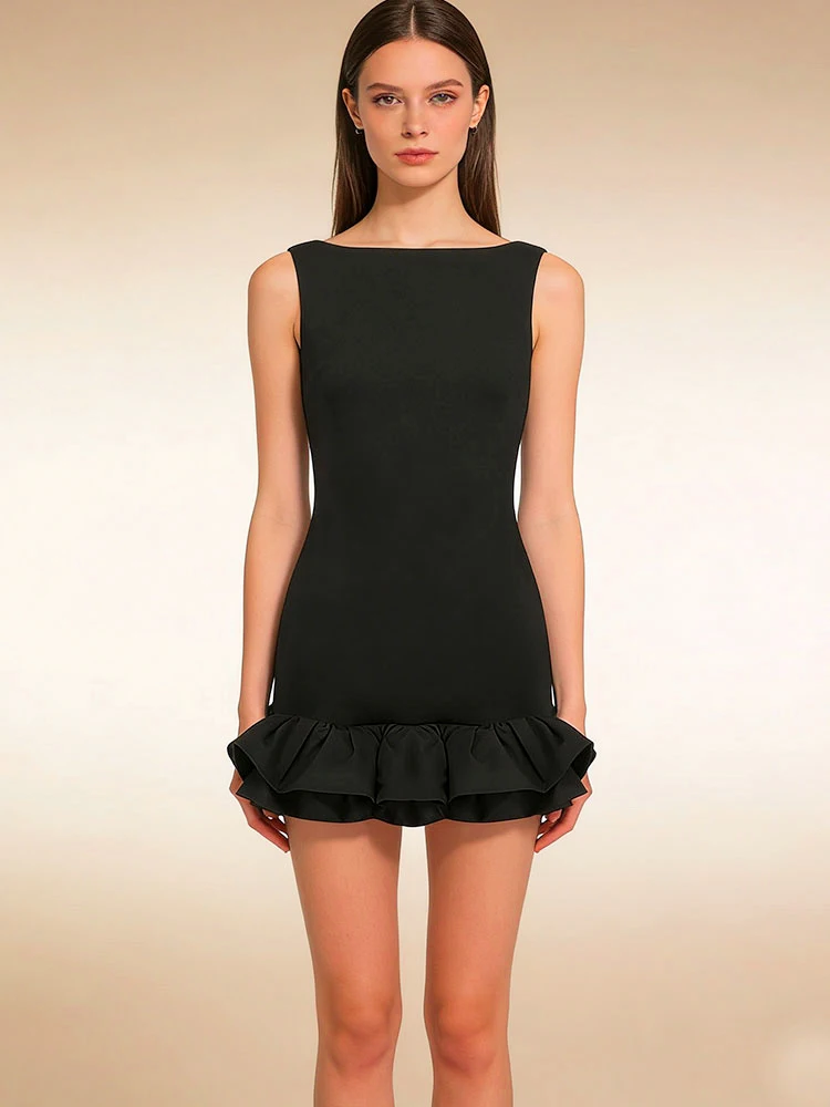 Schwarze Sexy A-Linien-Kleider für Damen Sommer Neue Mode Reißverschluss Ärmellos Mini-Kleid Elegantes Rückenfreies Lässiges Figurbetontes Kleid