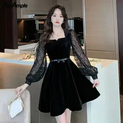 Women Black Velvet Mini Dress Spring Autumn Lady Graceful Slim Square Collar Puff Sleeve Dresses 2024 New Dinner Party Gown