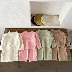 Korean Children Clothing Autumn and Winter Stylish New Girls Retro Temperament Solid Knitted Sweater Woolen Pants Set Trendy