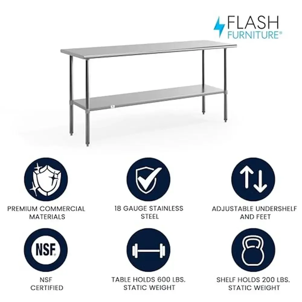 طاولة عمل إعدادية من الفولاذ المقاوم للصدأ معتمدة من NSF مع وحدة تخزين داخلية مقاس 72 بوصة، جزيرة مطبخ تجارية، تصميم آمن وقوي للغاية
